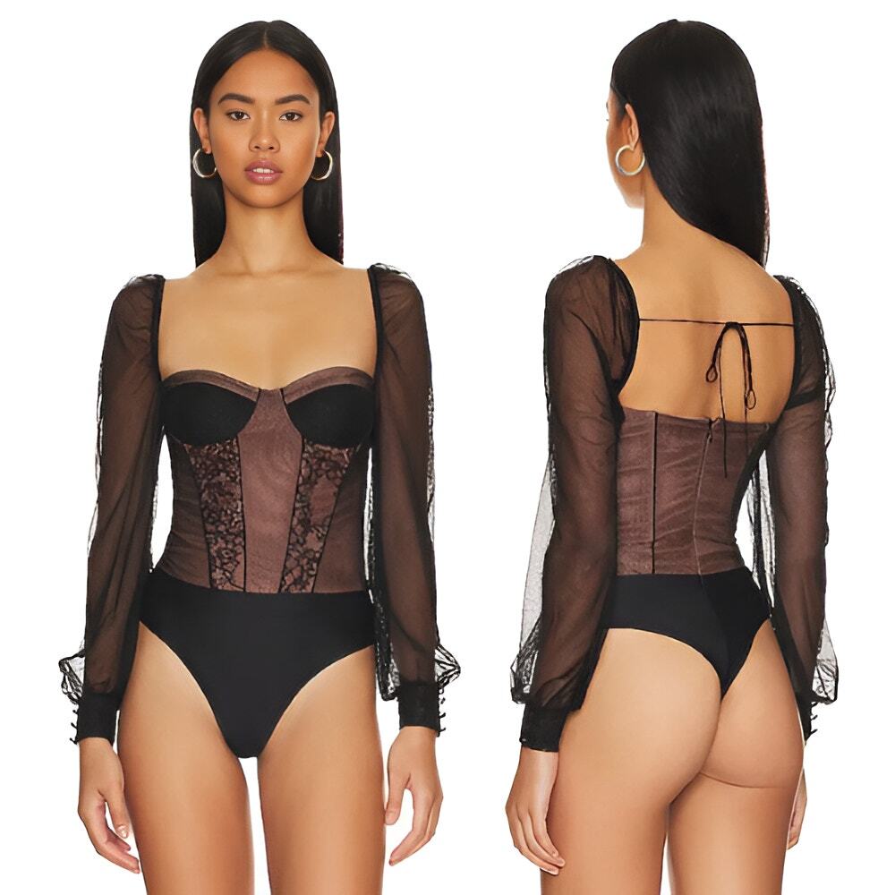 Cami NYC Black and Brown Sheer Lace Bodysuit